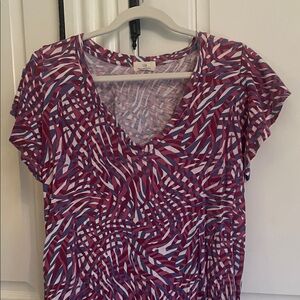 T.La Anthropologie V-Neck Short Sleeve Top - Red and Blue Pattern
